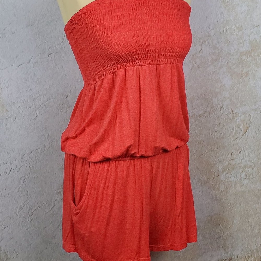 Coral Strapless Romper with pockets